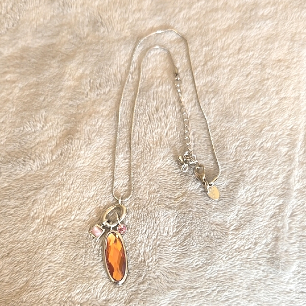 #182 Lia Sophia Elegant Silver Necklace with Orange Pendant
